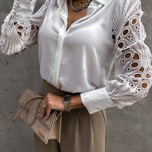 Elegant Hollow Out  Solid Color Blouse Collar Long Sleeve